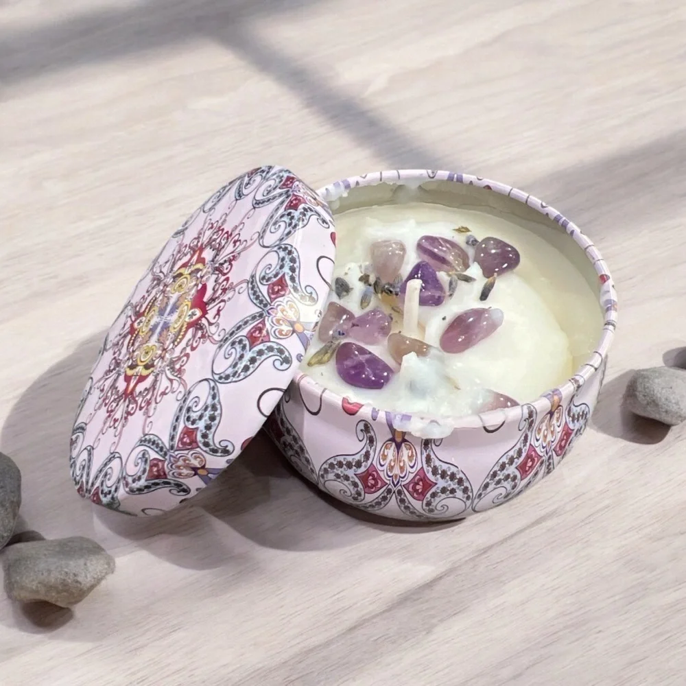 Hand Poured • Boho Lavender Soy Candle Tin with Amethyst Crystals • 18hr